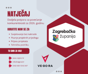 Zagrebačka županija je otvorila Javni natječaj za poduzetnike za dodjelu bespovratnih potpora za povećanje konkurentnosti u proizvodnim i neproizvodnim djelatnostima. Natječaj je otvoren do 22.5.2026. godine. Obratite nam se za savjetovanje i podršku u pisanju projektnih prijava - Razvojna agencija VE-GO-RA